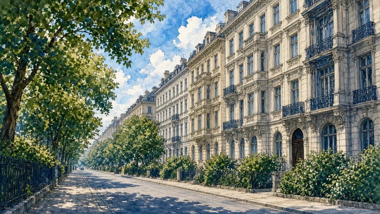 KI-generierte Illustration des 3. Bezirks mit Altbaustraßen und gemischter Bebauung