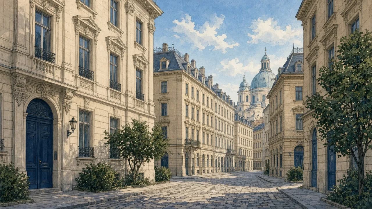 KI-generierte Illustration der Wieden mit dichten Altbaustraßen