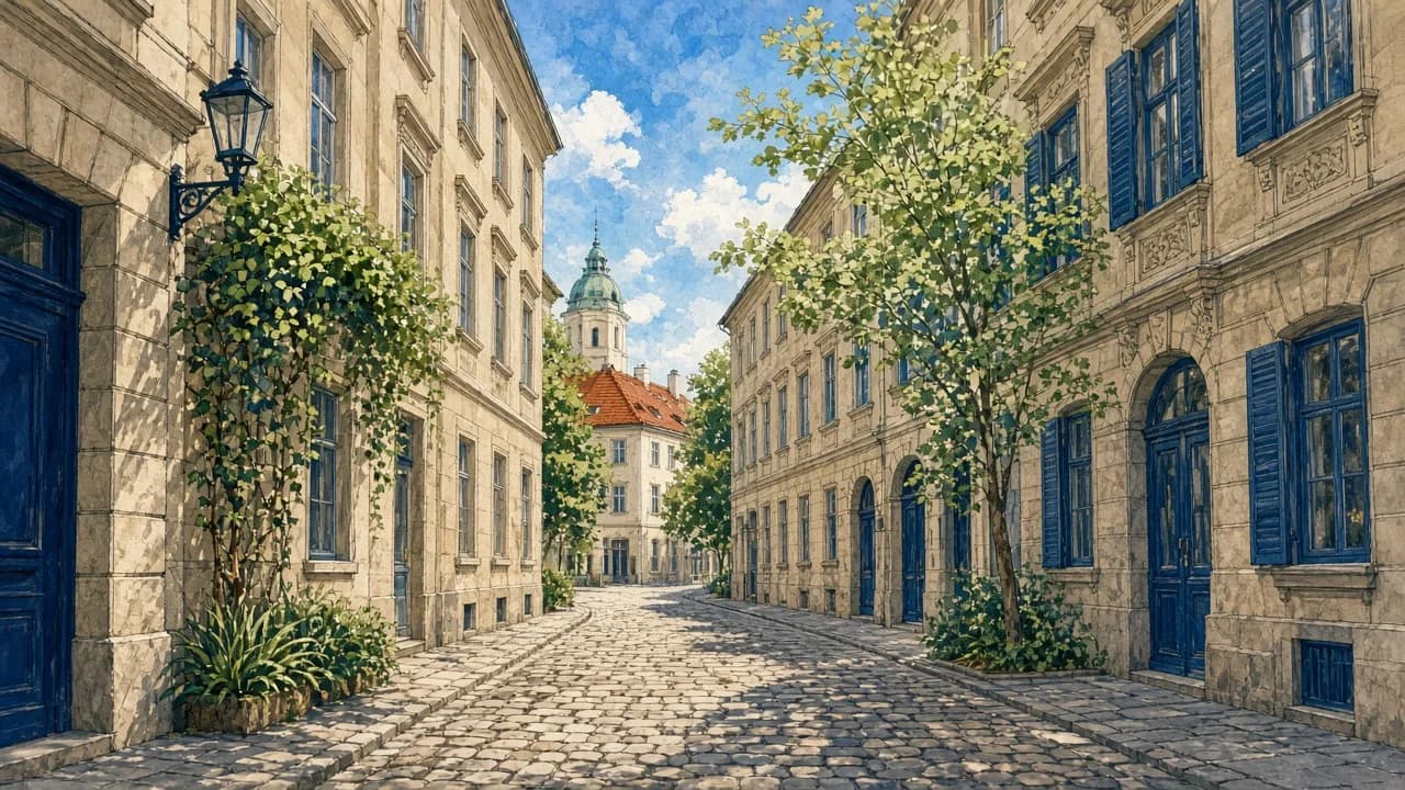KI-generierte Illustration von Wien-Neubau mit Gassen und Dachlandschaft