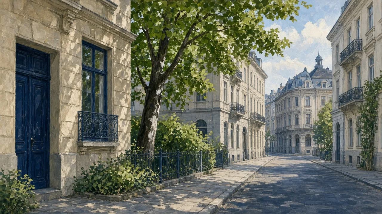 KI-generierte Illustration des Alsergrunds mit Altbauviertel und Straßenraum