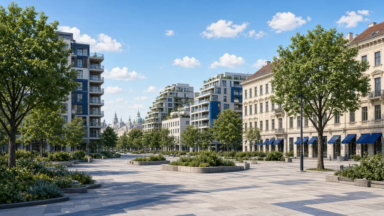 KI-generierte Illustration von Favoriten mit Wohnbauten und Straßenachsen