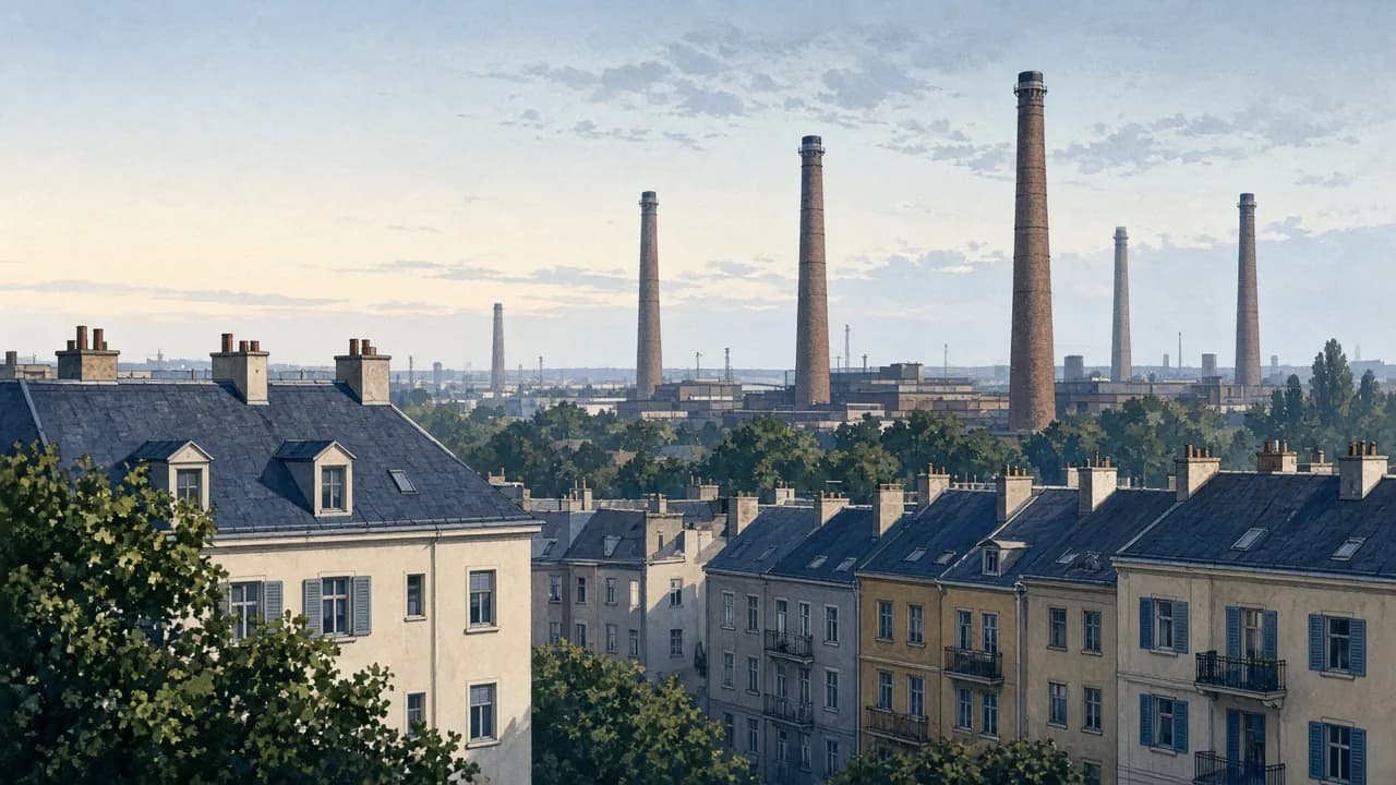 KI-generierte Illustration von Simmering mit Wohnanlagen und weitem Straßenraum