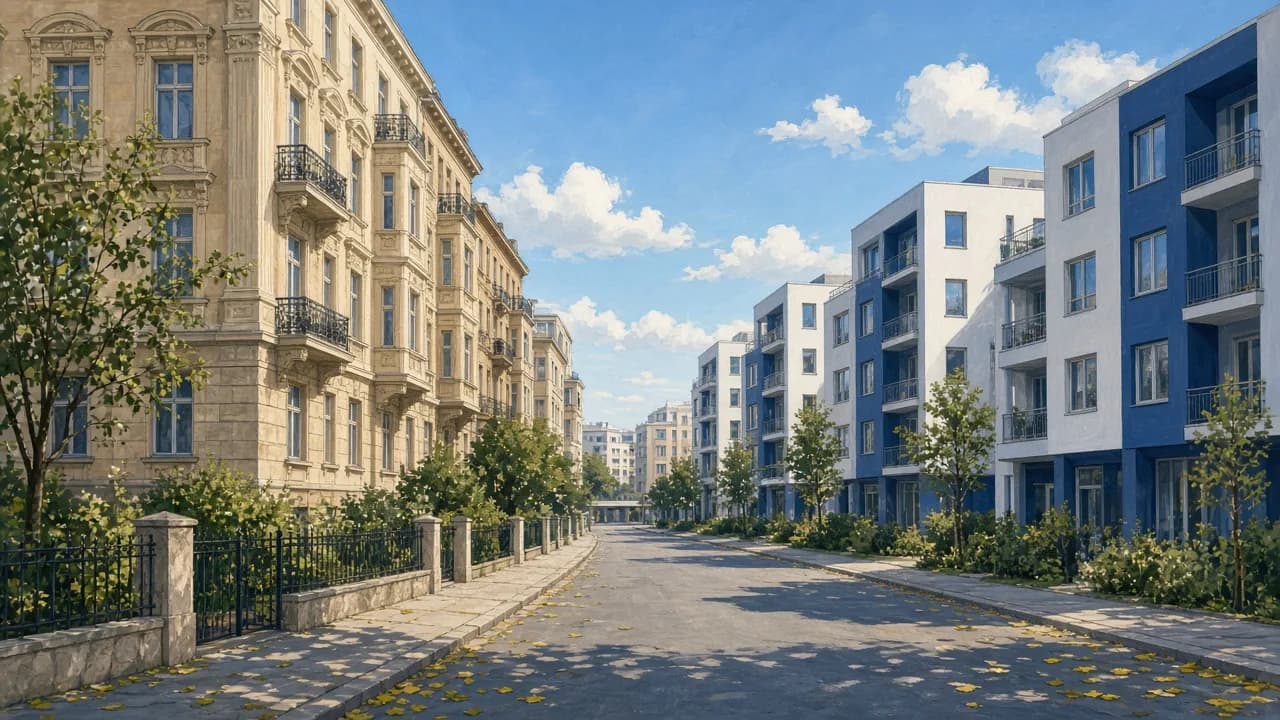 KI-generierte Illustration von Meidling mit Wohnstraßen und Bezirkscharakter