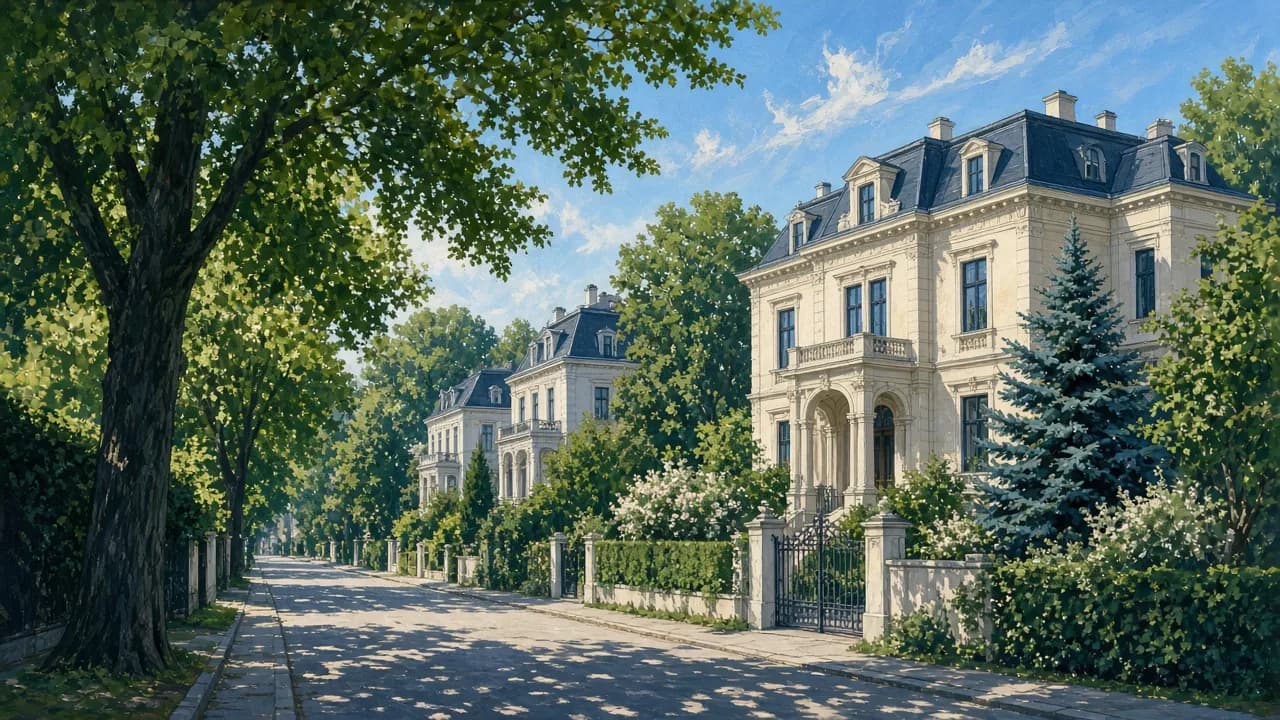 KI-generierte Illustration von Hietzing mit Villen, Gärten und ruhigen Straßen