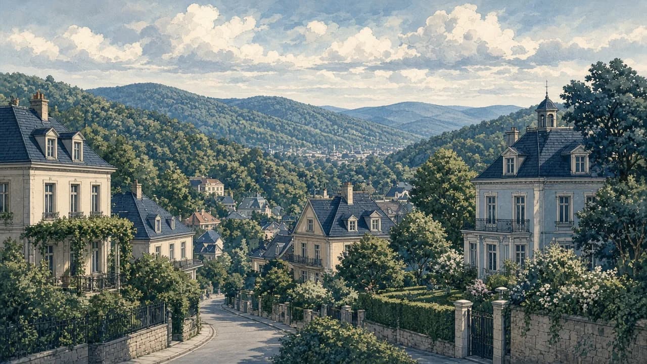 KI-generierte Illustration von Penzing mit Hügeln, Häusern und westlichem Stadtbild