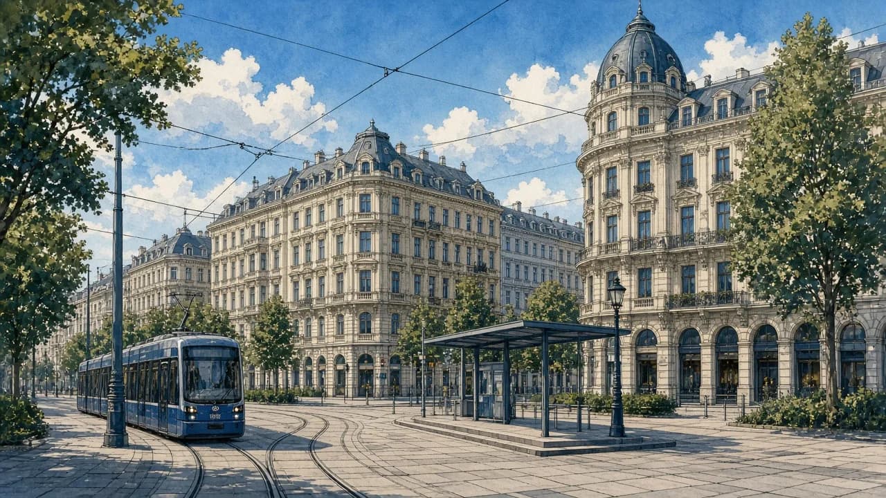 KI-generierte Illustration von Rudolfsheim-Fünfhaus mit Gründerzeit und Bahnhofsumfeld