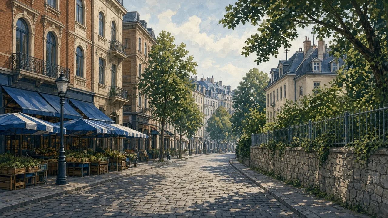 KI-generierte Illustration von Ottakring mit Marktgrätzl und grüneren Hanglagen