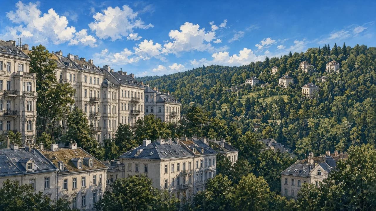 KI-generierte Illustration von Hernals mit Stadtstraßen und Waldnähe