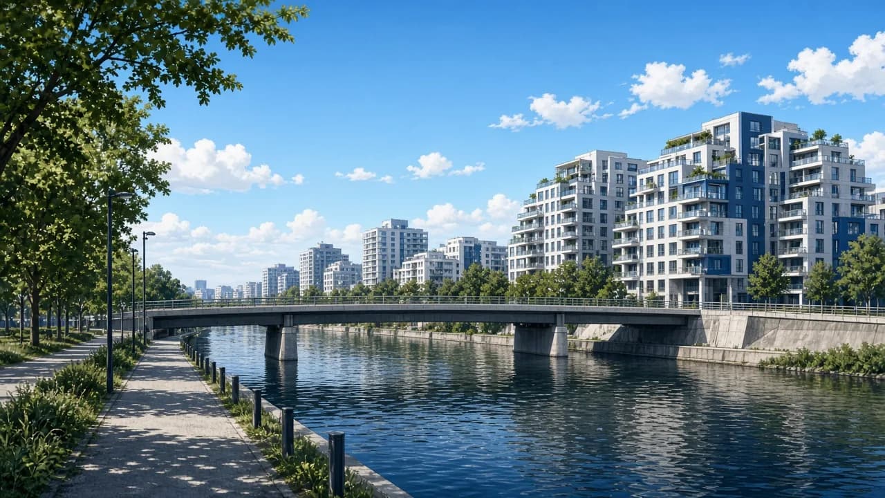 KI-generierte Illustration der Brigittenau mit Wohnbauten am Donaukanal