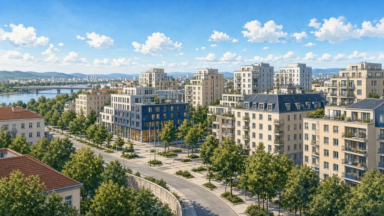 KI-generierte Illustration von Floridsdorf mit Zentrum, Siedlungen und Donau-Nähe
