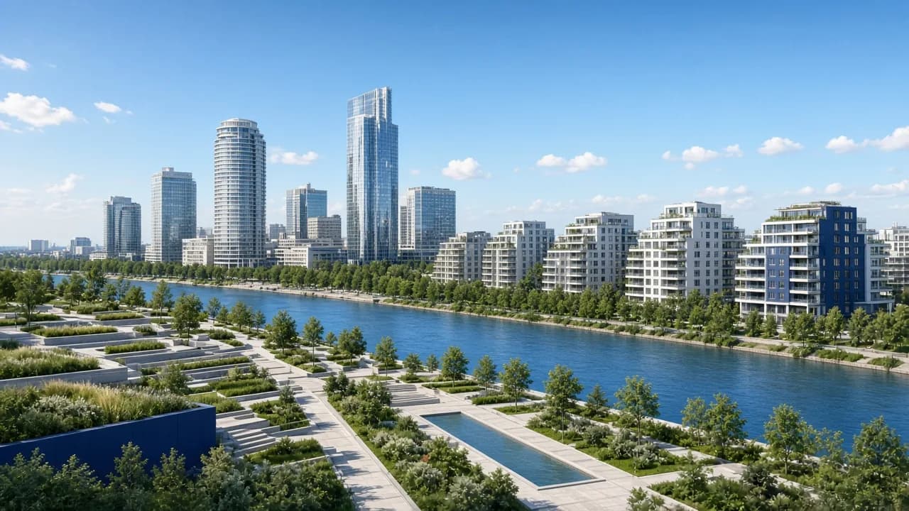KI-generierte Illustration der Donaustadt mit Neubau, Siedlungen und weiten Achsen