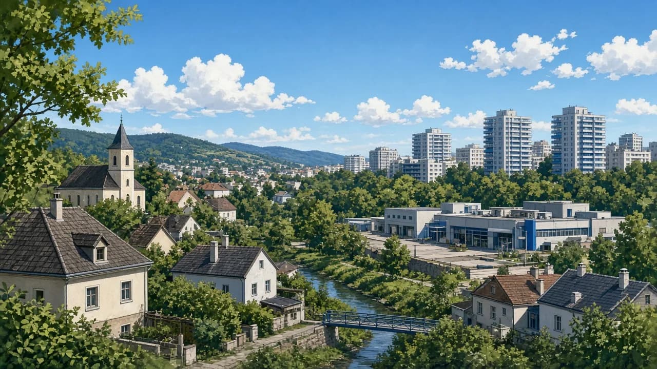 KI-generierte Illustration von Liesing mit Ortskernen, Wohnanlagen und Grünlagen